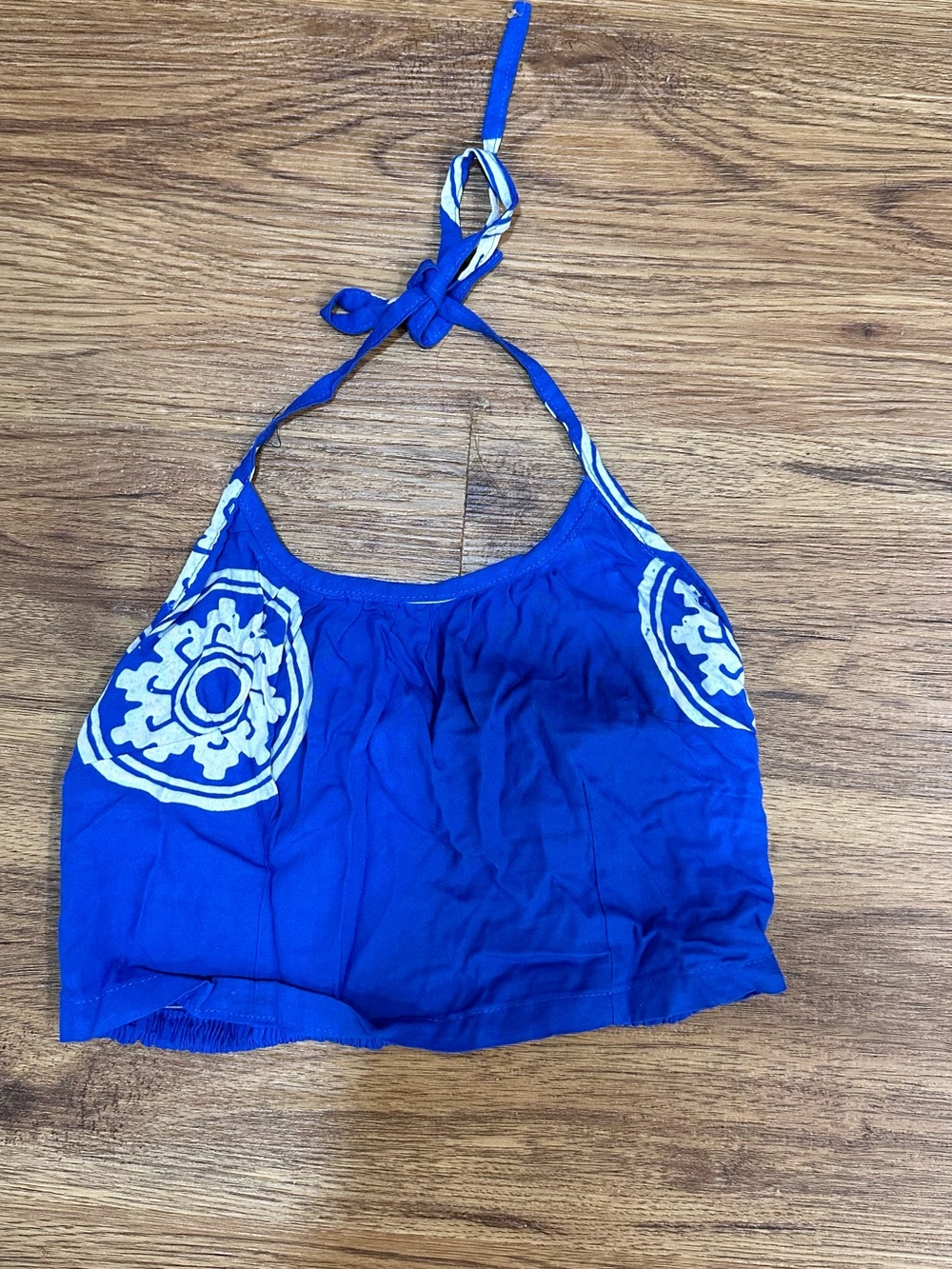 VTG Y2K Royal Blue Halter Crop Top with “Mayan” Design